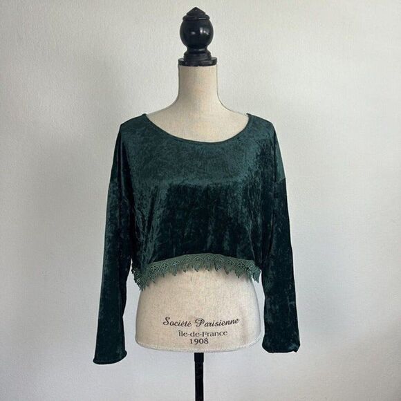 Womens Long Sleeve Velvet Cropped Top Emerald Green Lace Brocade Flair Trim Lrg - Picture 1 of 8
